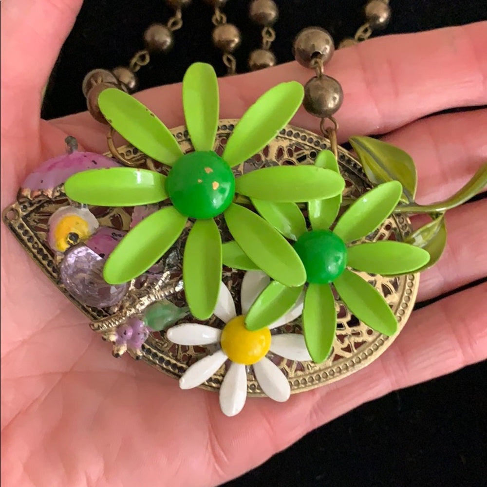 Adorned Crown artisan assemblage enamel flower bird cluster necklace