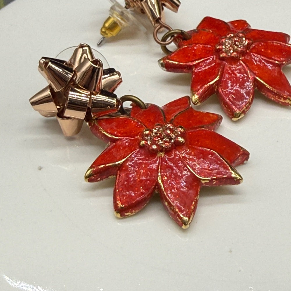 Adorned Crown Jewelry assemblage Christmas bow poinsettia post earrings