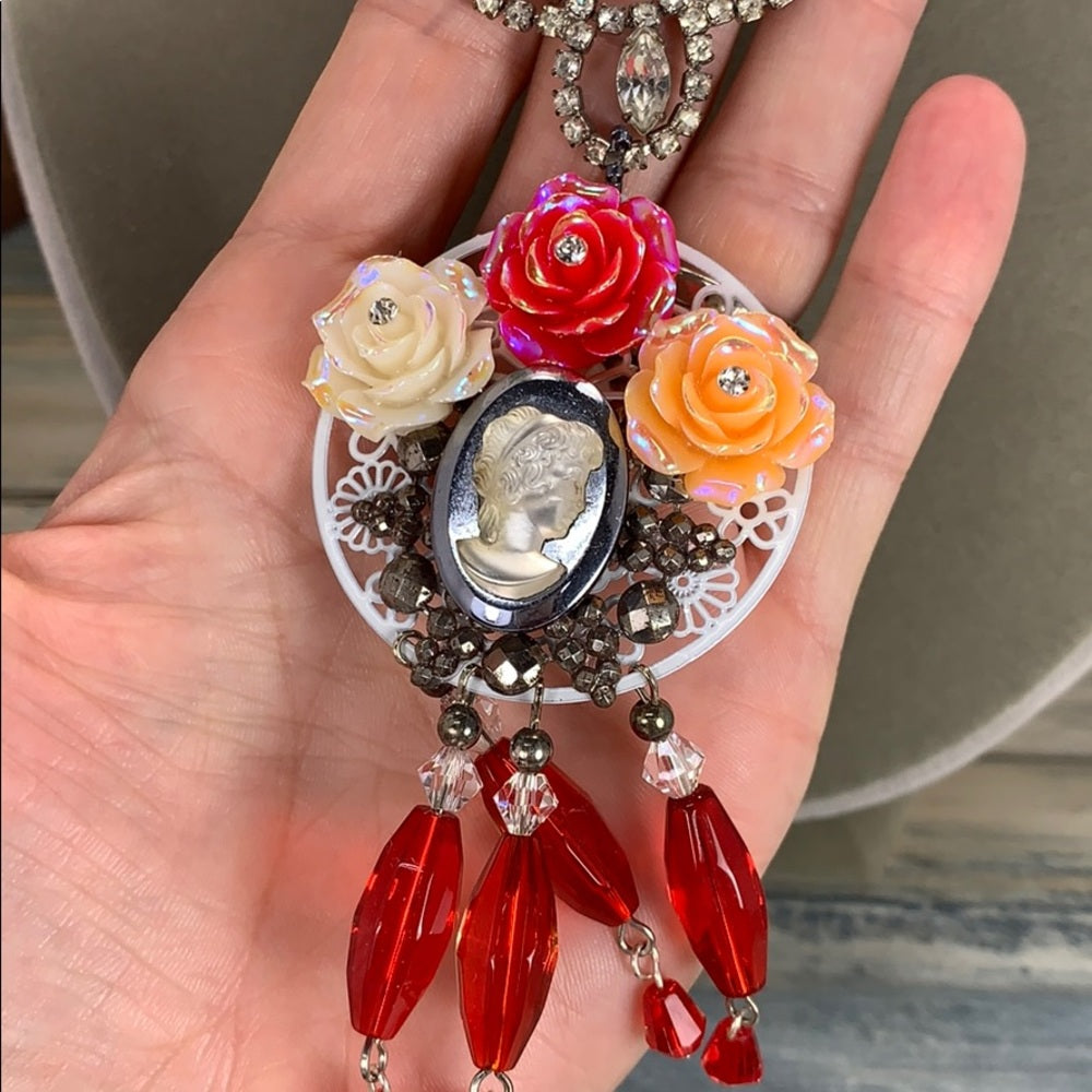Adorned Crown artisan assemblage red cameo cluster crystal necklace