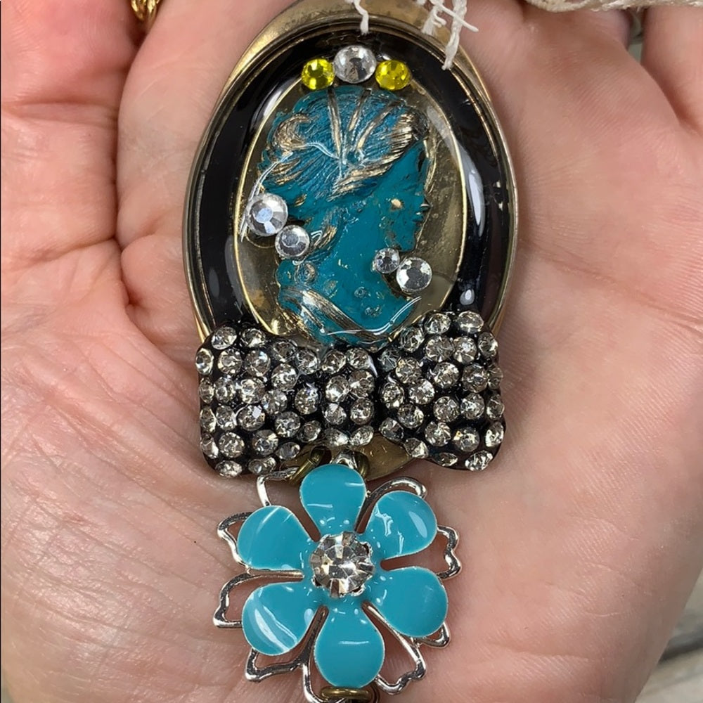 Adorned Crown artisan assemblage dreaming cameo rhinestone bling necklace