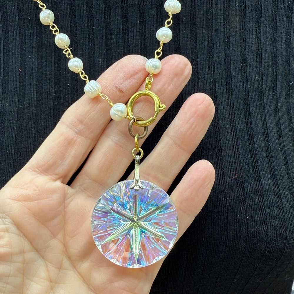 Adorned Crown Jewelry assemblage Christmas crystal Starburst Pearl necklace