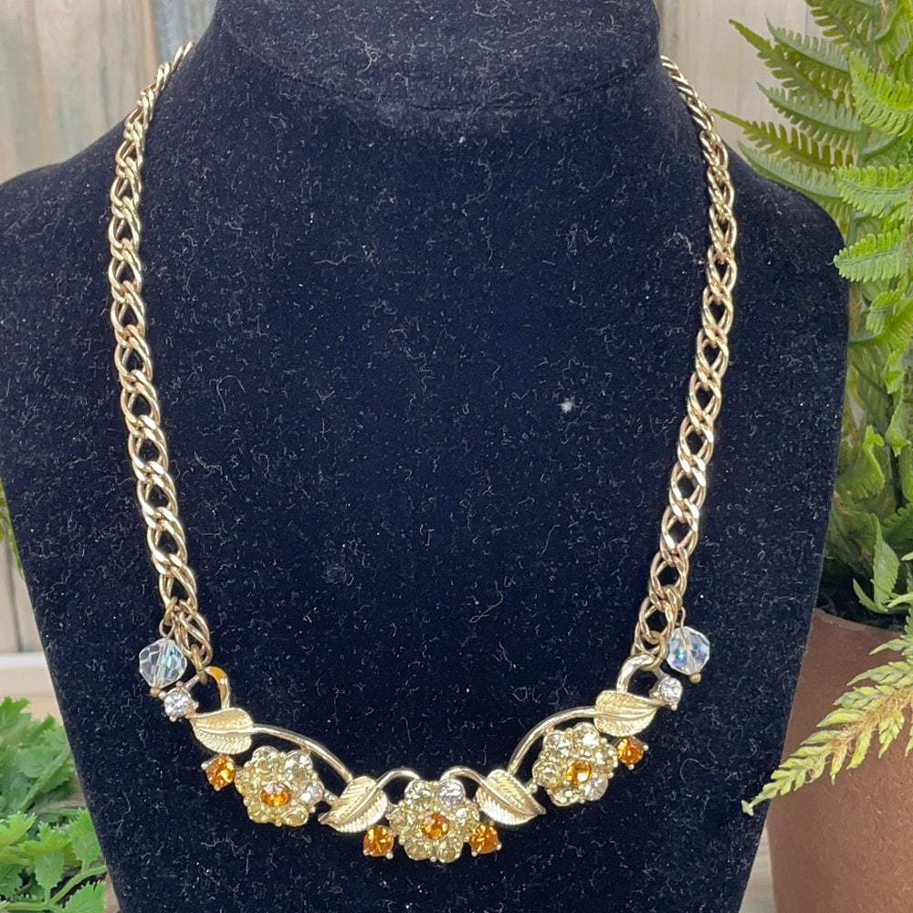 Adorned Crown Artisan Assemblage yellow rhinestone statement necklace