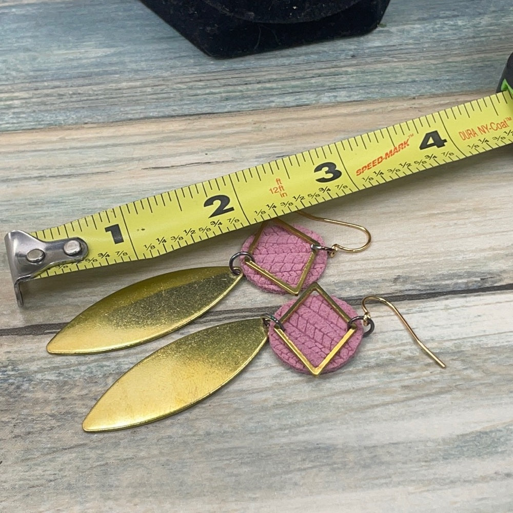 Adorned Crown leather disc brass drop earrings blush & diamond shape