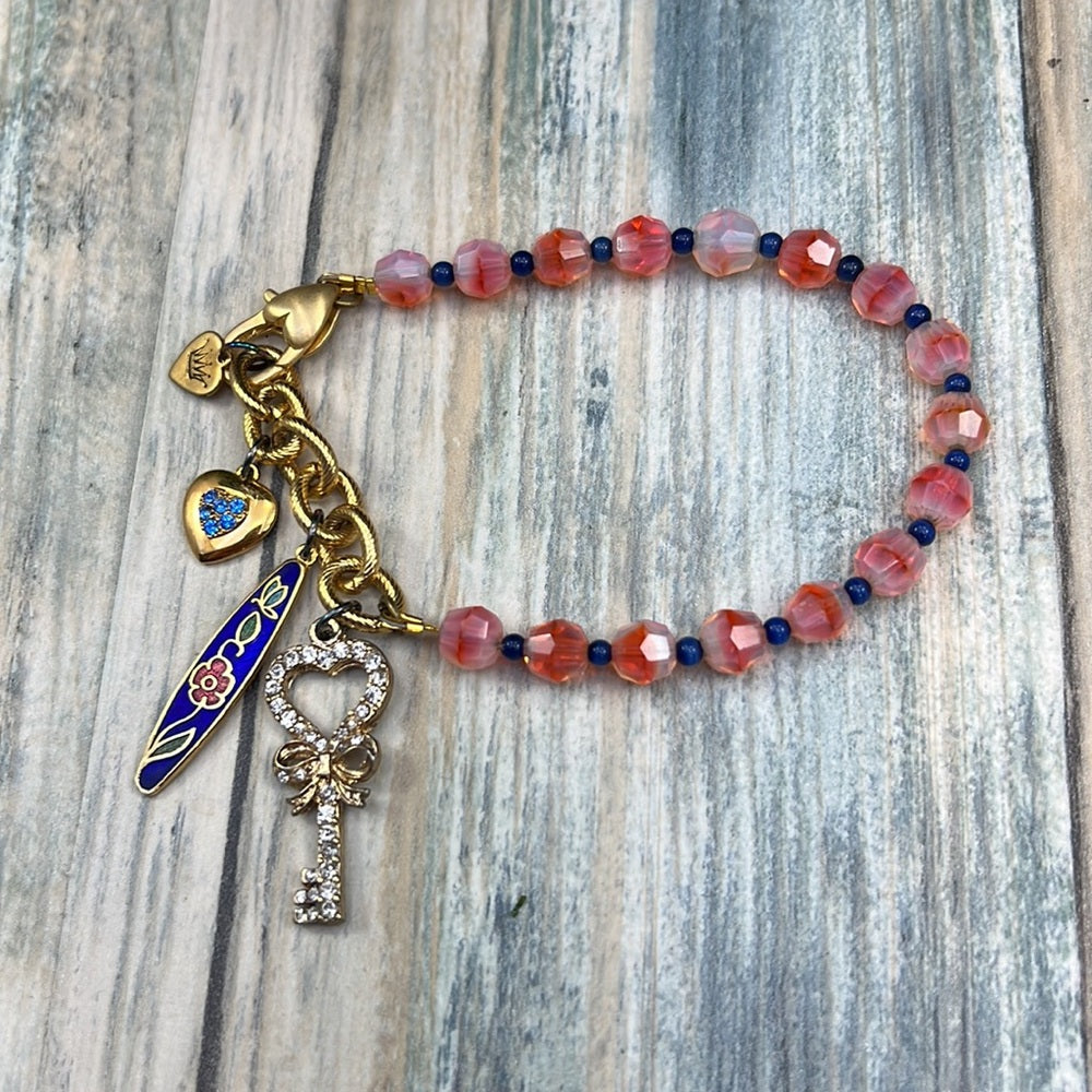 Adorned Crown Jewelry artisan assemblage heart key cloisonné pink bracelet