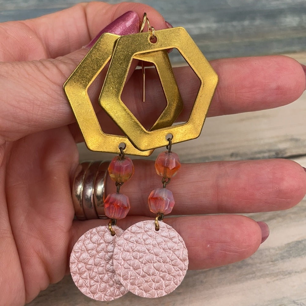 Adorned Crown assemblage hexagon leather pink drop earrings