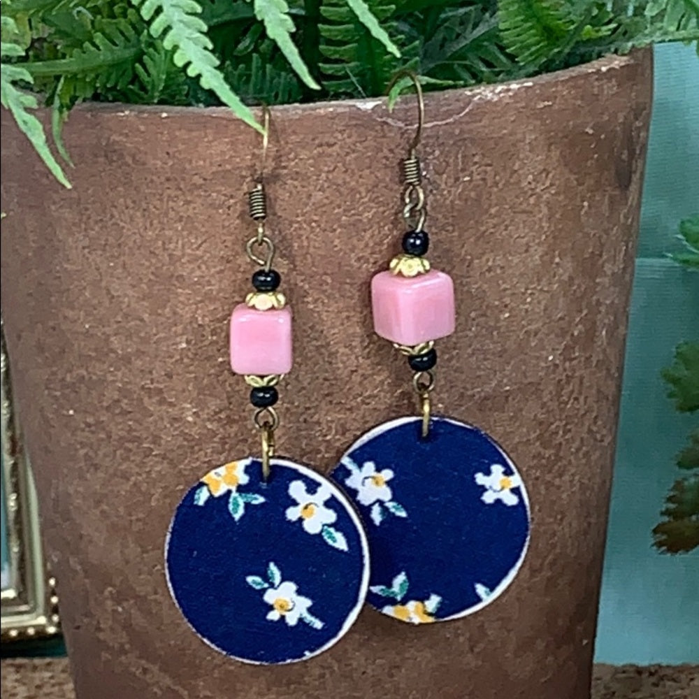 Adorned Crown vintage fabric wood disc bead earrings blue pink