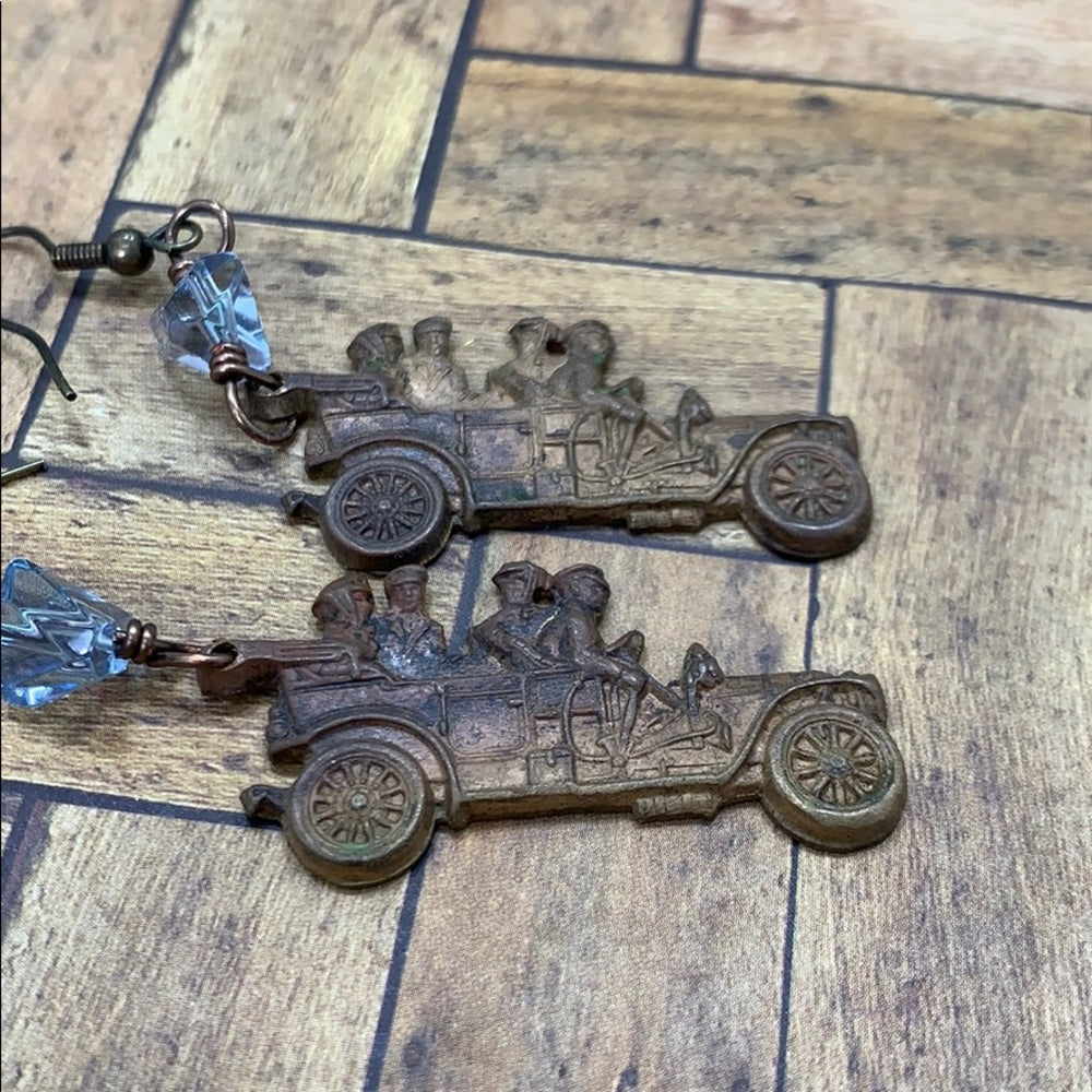Adorned Crown artisan assemblage Vintage brass cars blue bead earrings