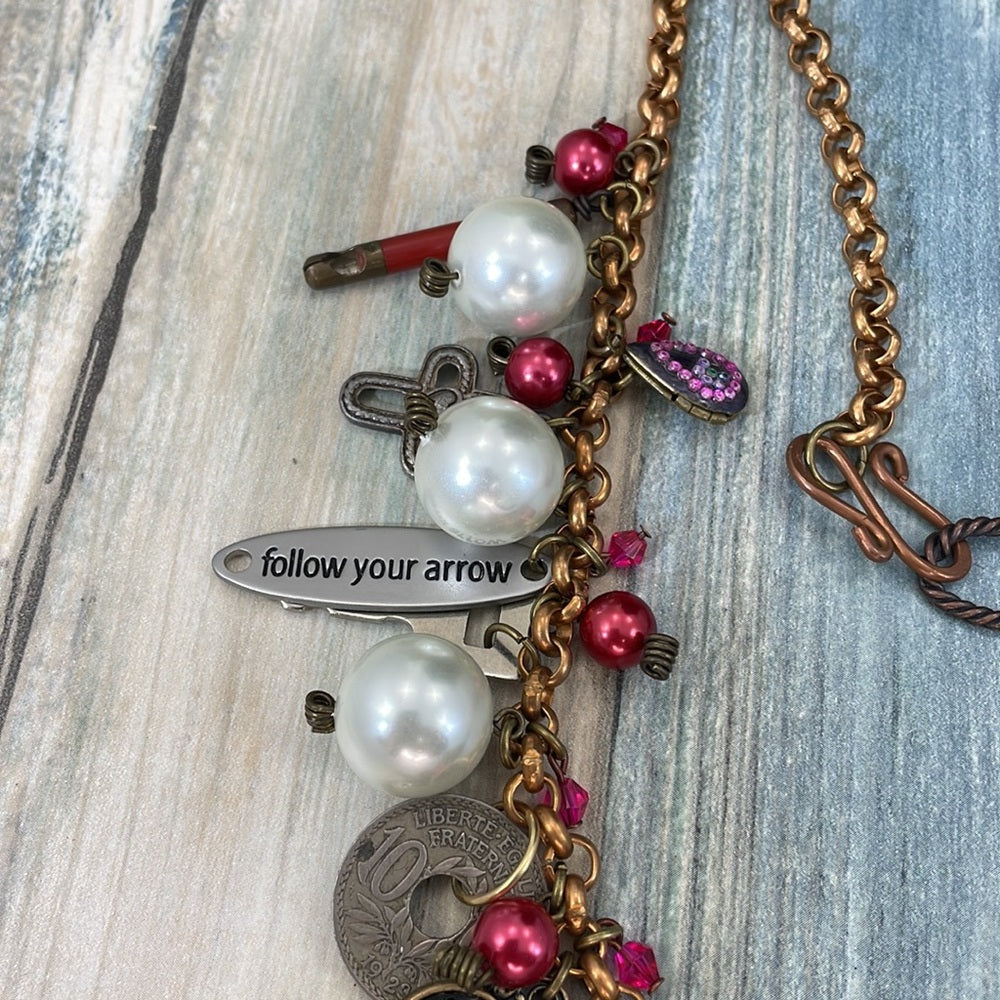 Adorned Crown Artisan assemblage heart cross charm necklace love is the key