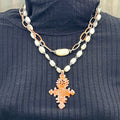 Adorned Crown necklace orange tribal cross mother of Pearl beads assemblage