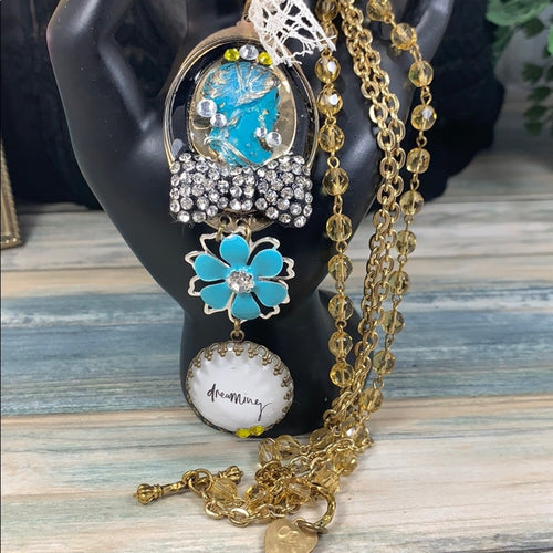 Adorned Crown artisan assemblage dreaming cameo rhinestone bling necklace