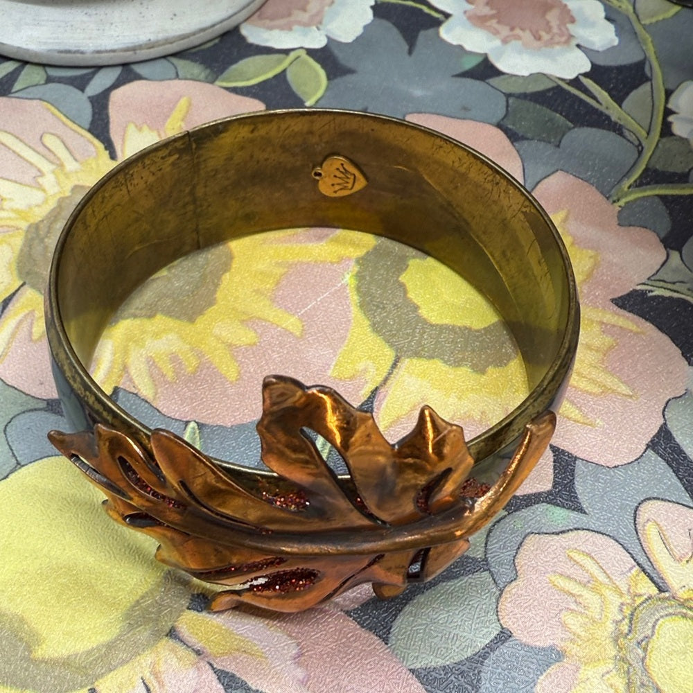 Adorned Crown Jewelry assemblage brass leaf inlaid fall autumn bangle bracelet