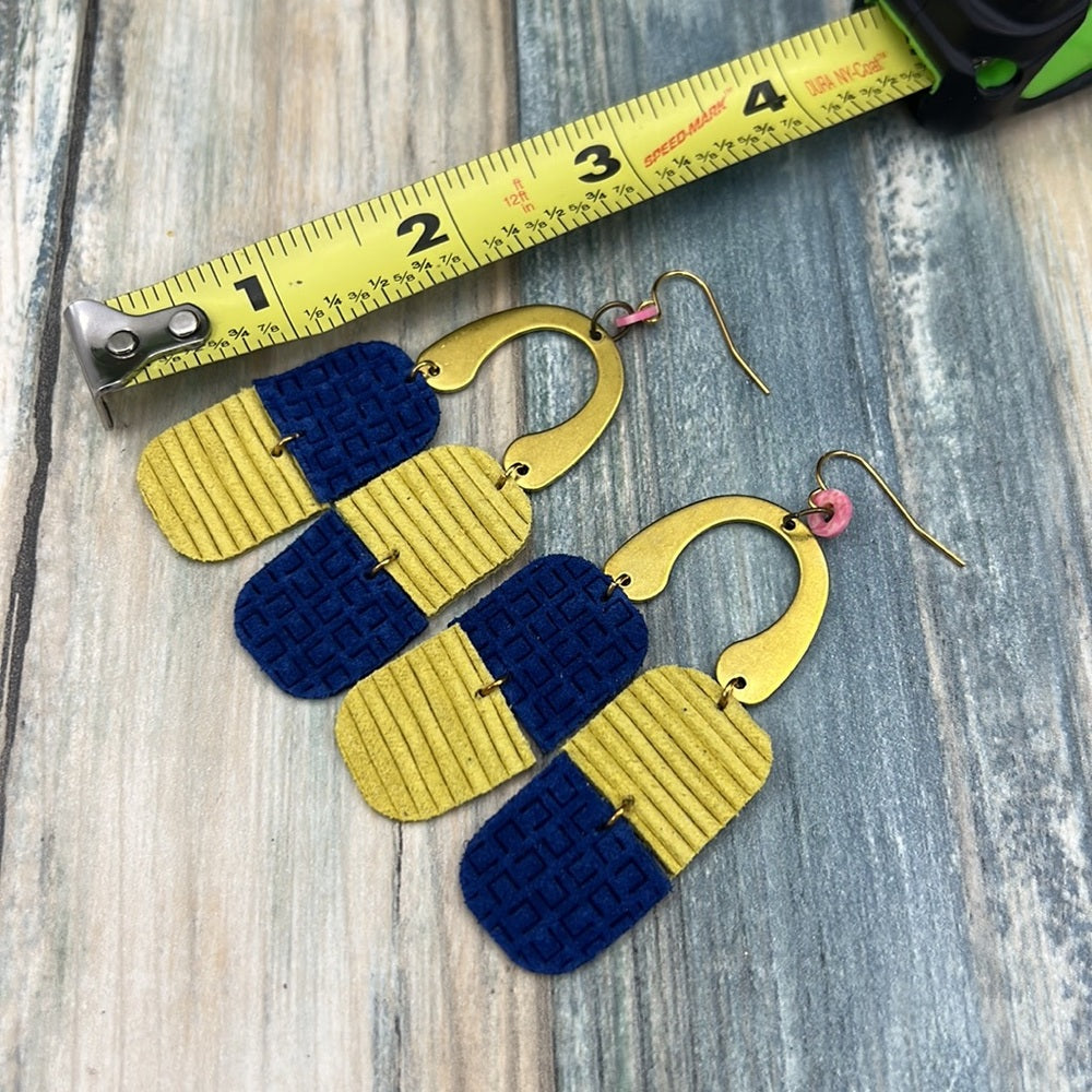 Adorned Crown leather color block yellow blue arc earrings