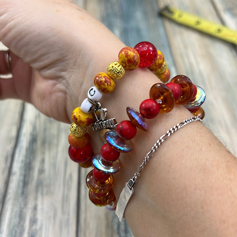 Adorned Crown Kansas City Chiefs KC football red gold stretch bracelet set C