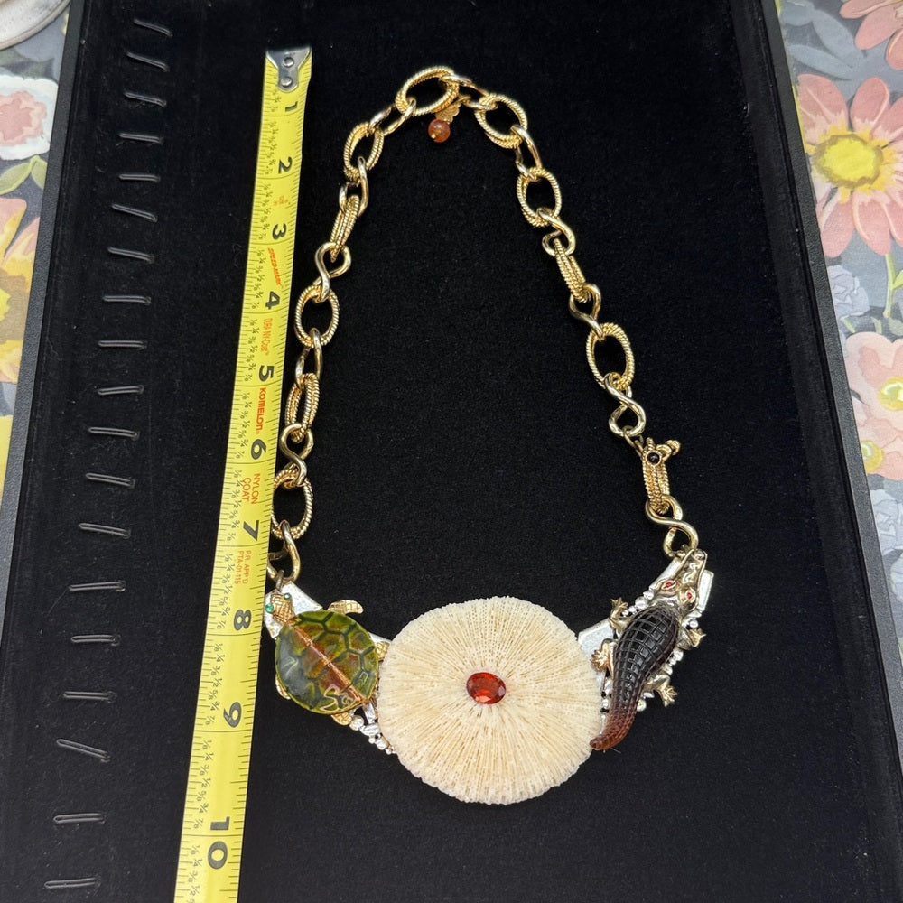 Adorned Crown Jewelry assemblage turtle alligator mushroom coral necklace