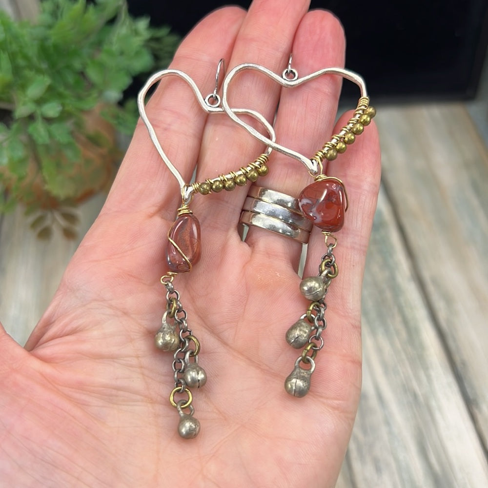 Adorned Crown Artisan Assemblage agate stone heart mixed metal earrings