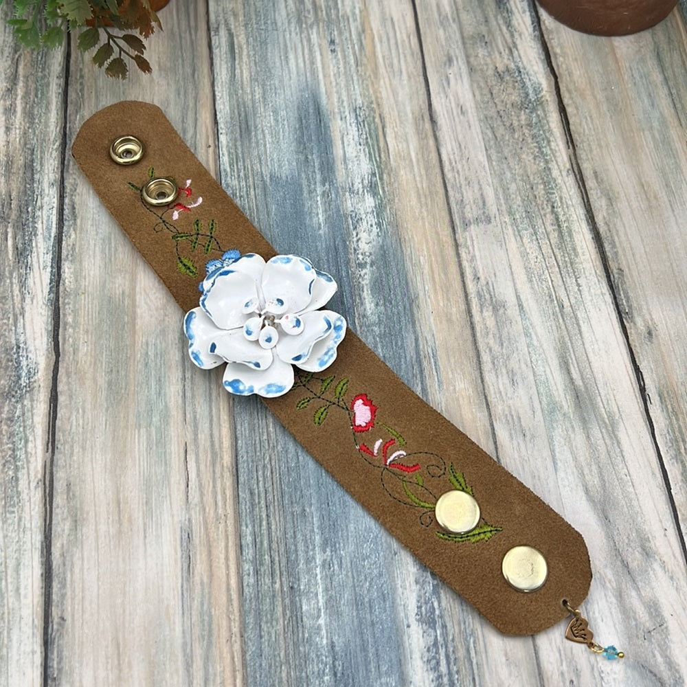 Adorned Crown Artisan Assemblage embroidered leather enamel flower bracelet