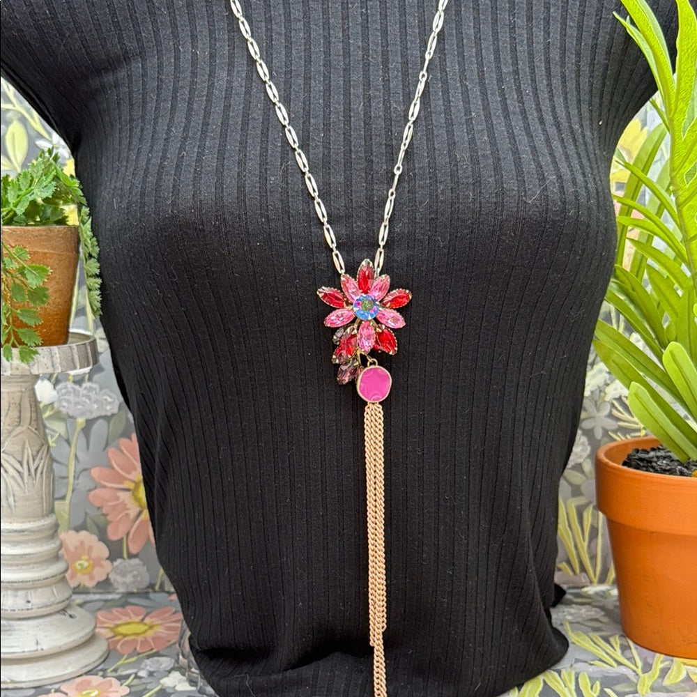 Adorned Crown Jewelry assemblage rhinestone pink mixed metal long necklace