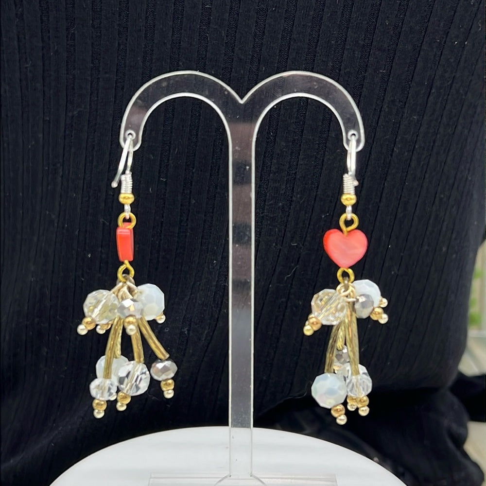 Adorned Crown Jewelry assemblage red mother of Pearl heart bead burst earrings