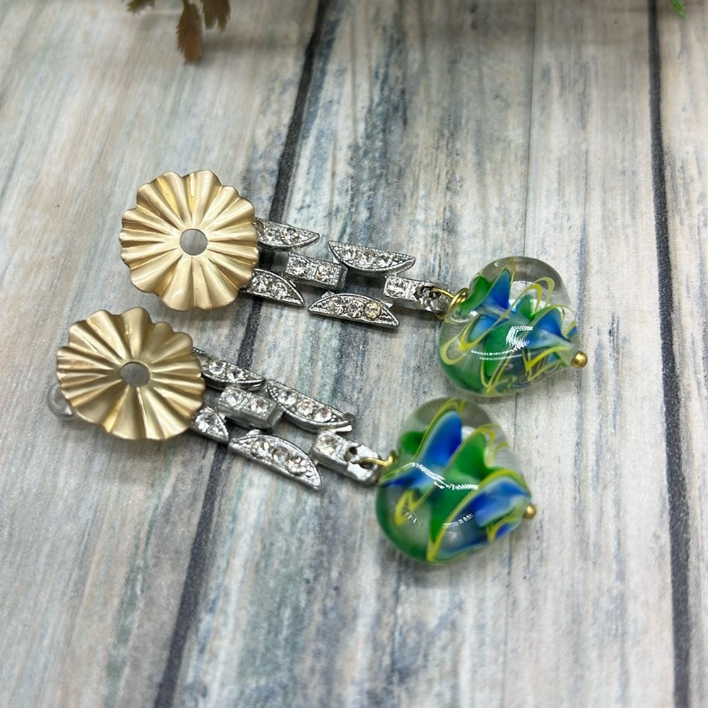 Adorned Crown Jewelry rhinestone lamp work glass heart bead post earrings