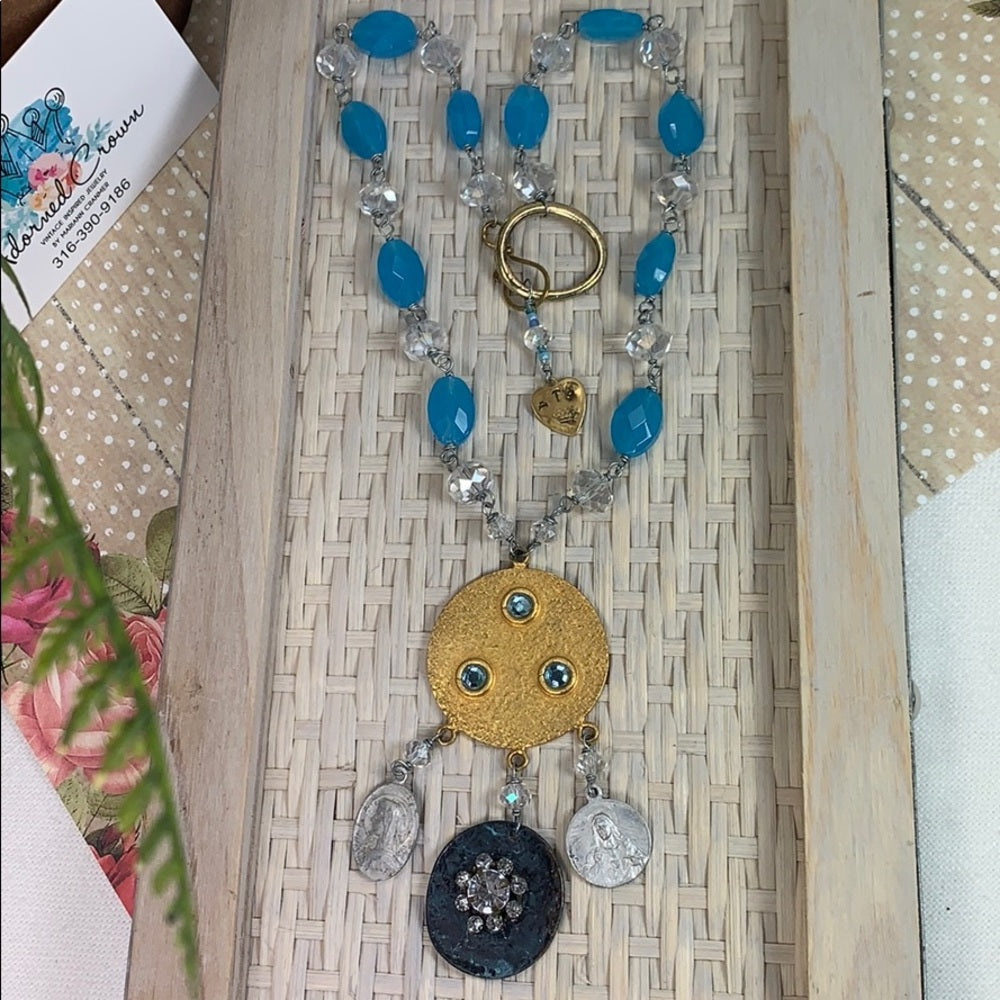 Adorned Crown artisan assemblage Religious medal glass bead necklace