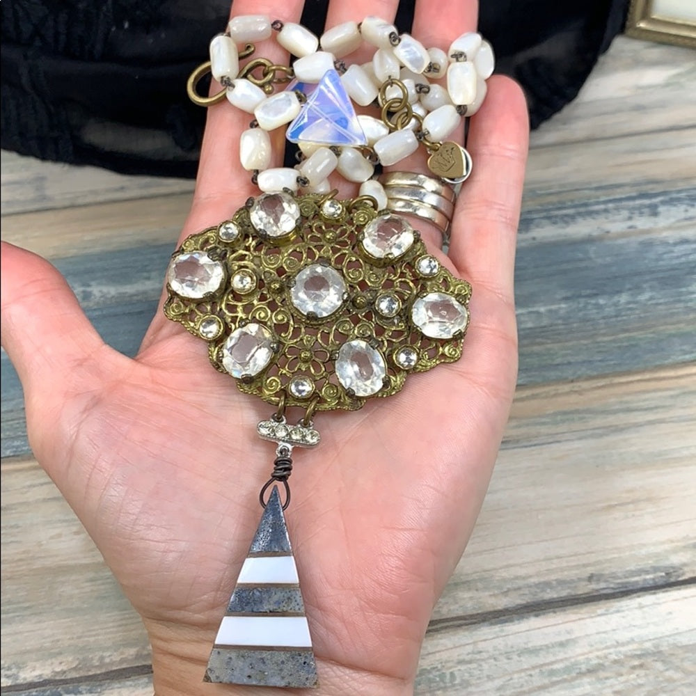 Adorned Crown artisan assemblage crystal & moonstone & pearl necklace