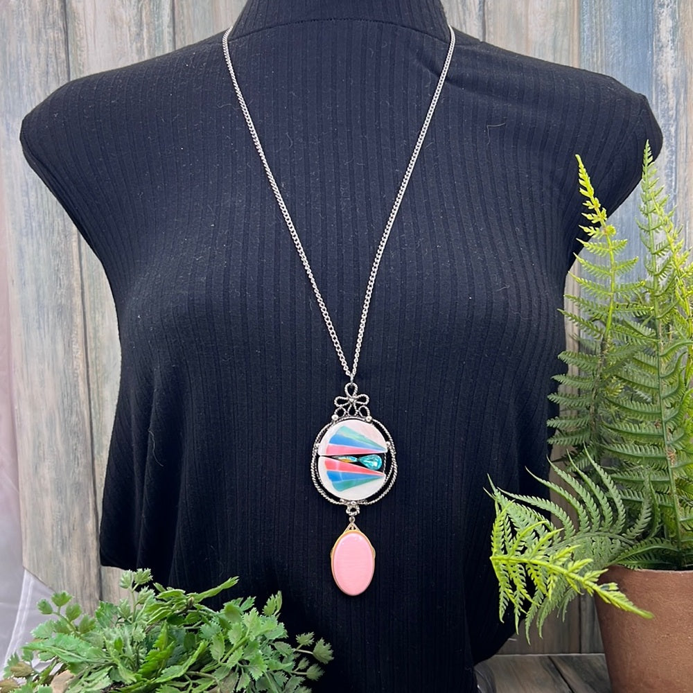 Adorned Crown Jewelry artisan assemblage pink drop shell fan necklace