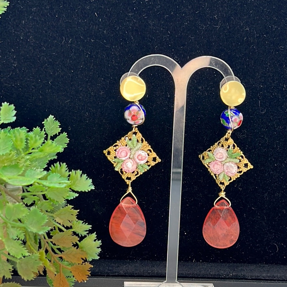 Adorned Crown Jewelry pink flower faceted briolette rose quartz earrings