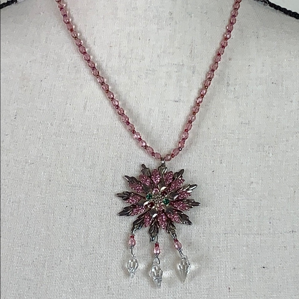 Adorned Crown artisan assemblage pink crystal snowflake necklace