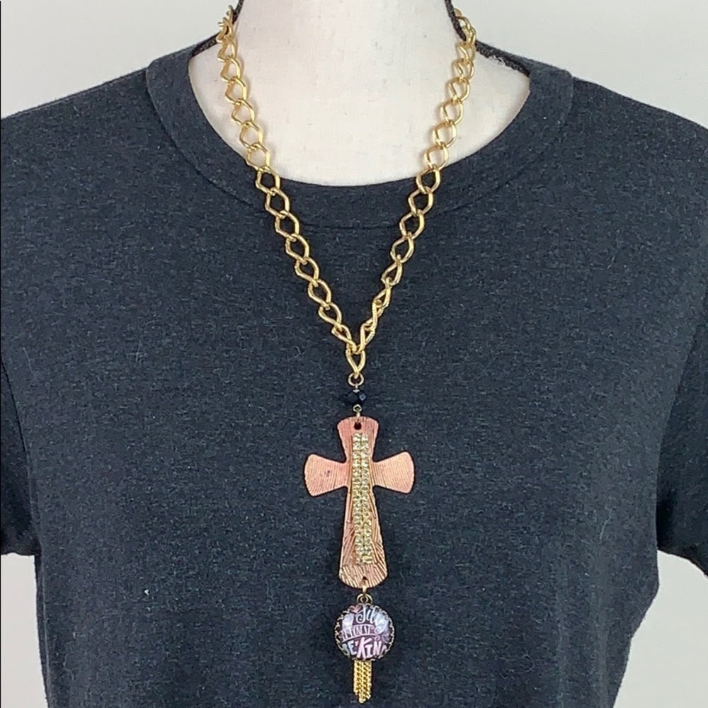 Adorned Crown Artisan assemblage cross be silly be kind be honest necklace