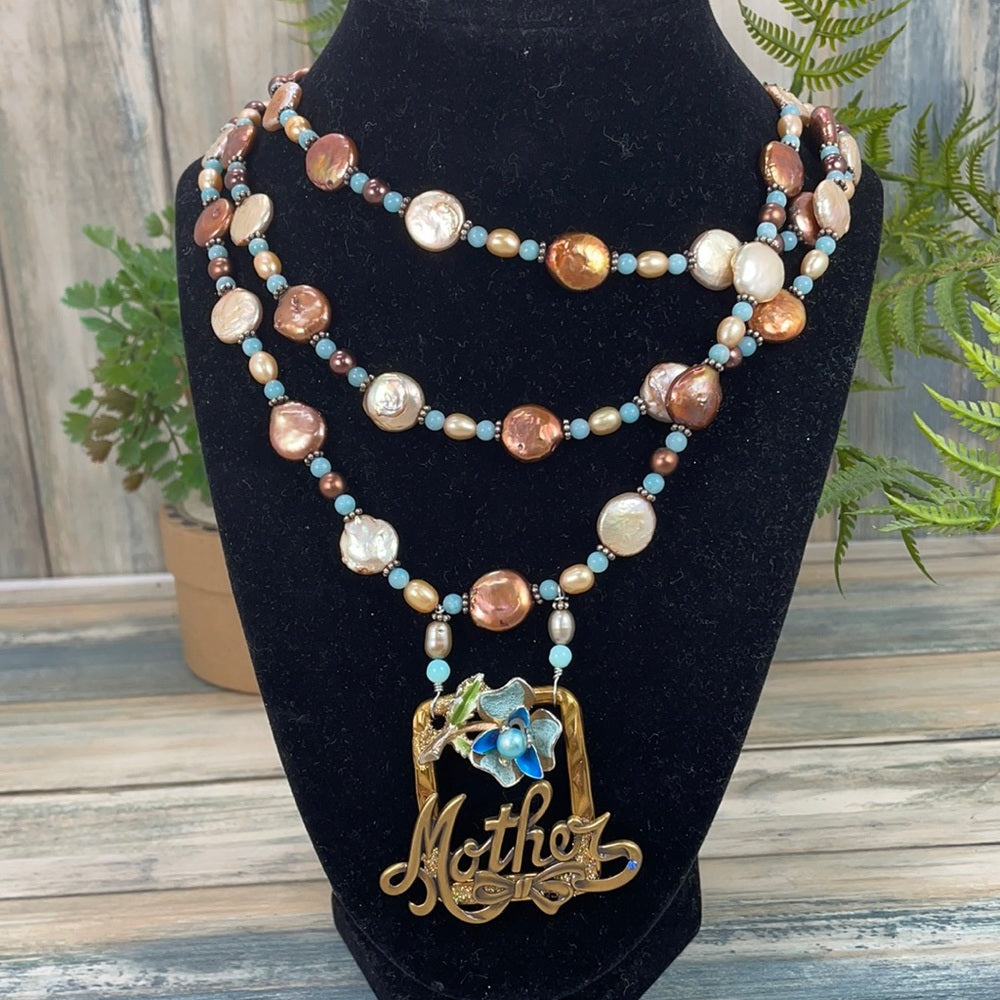 Adorned Crown Artisan Assemblage enamel flower beaded pearl mother necklace