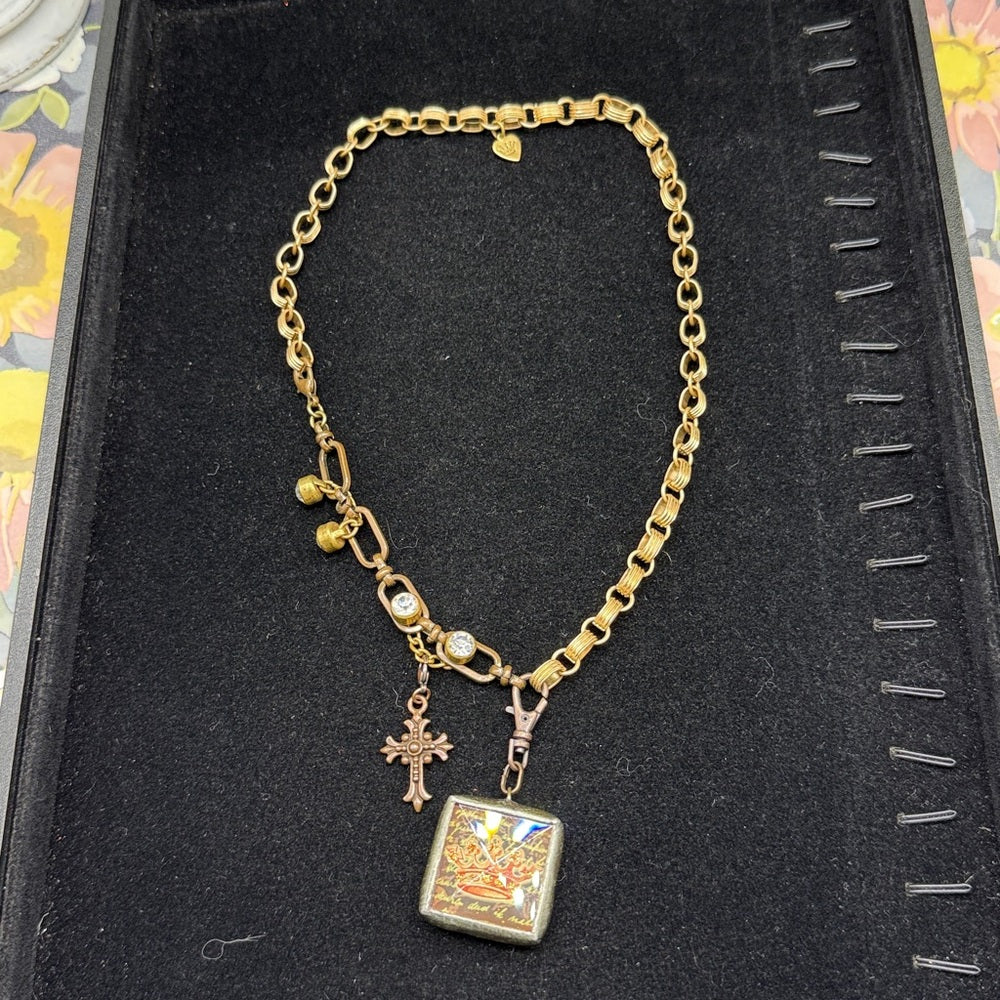 Adorned Crown Jewelry assemblage bezel red crown mix metal dual side necklace