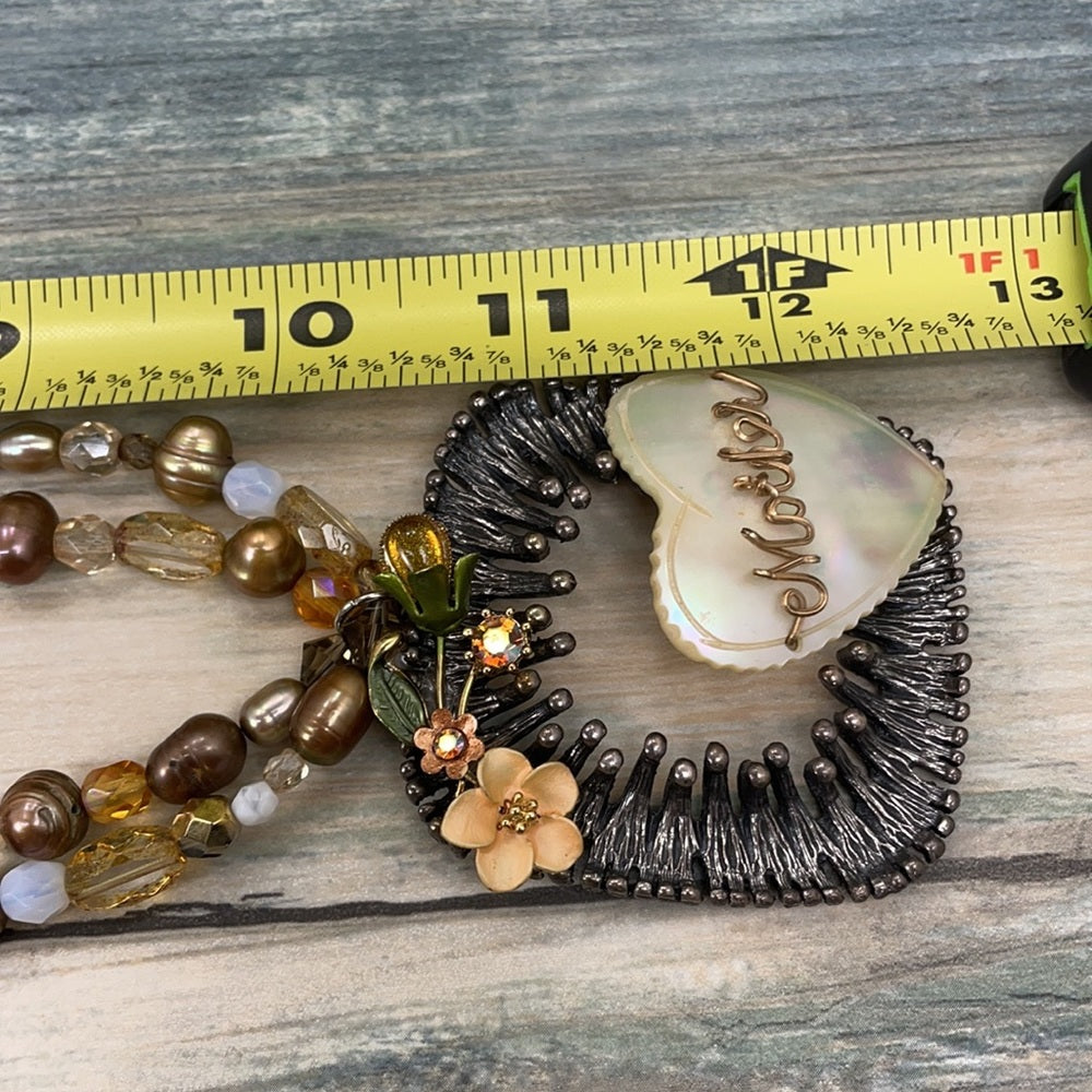 Adorned Crown artisan assemblage shell Pearl beaded heart mother necklace