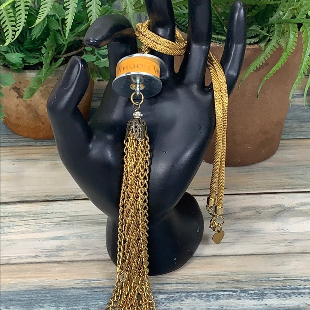 Adorned Crown artisan assemblage yellow washer tassel steampunk necklace
