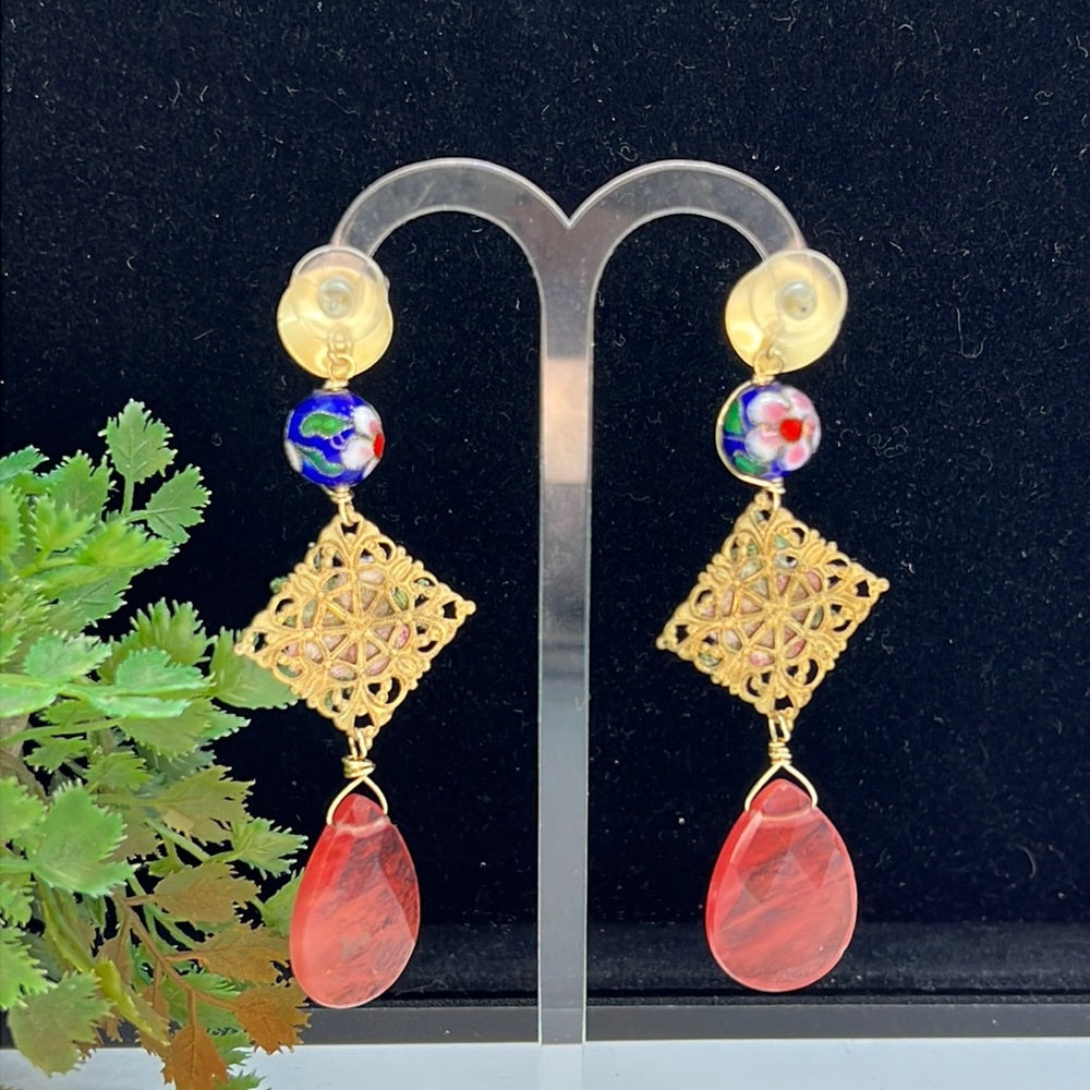 Adorned Crown Jewelry pink flower faceted briolette rose quartz earrings