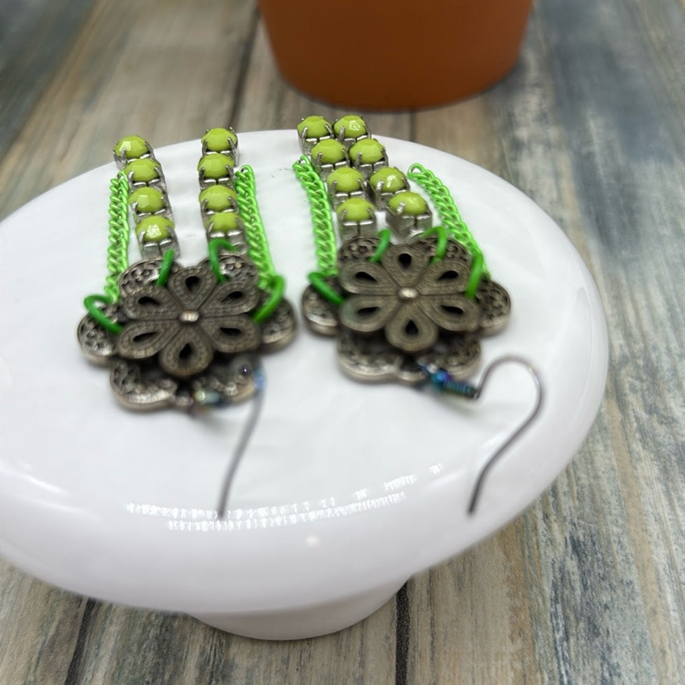 Adorned Crown Jewelry assemblage filigree flower Earrings green chain