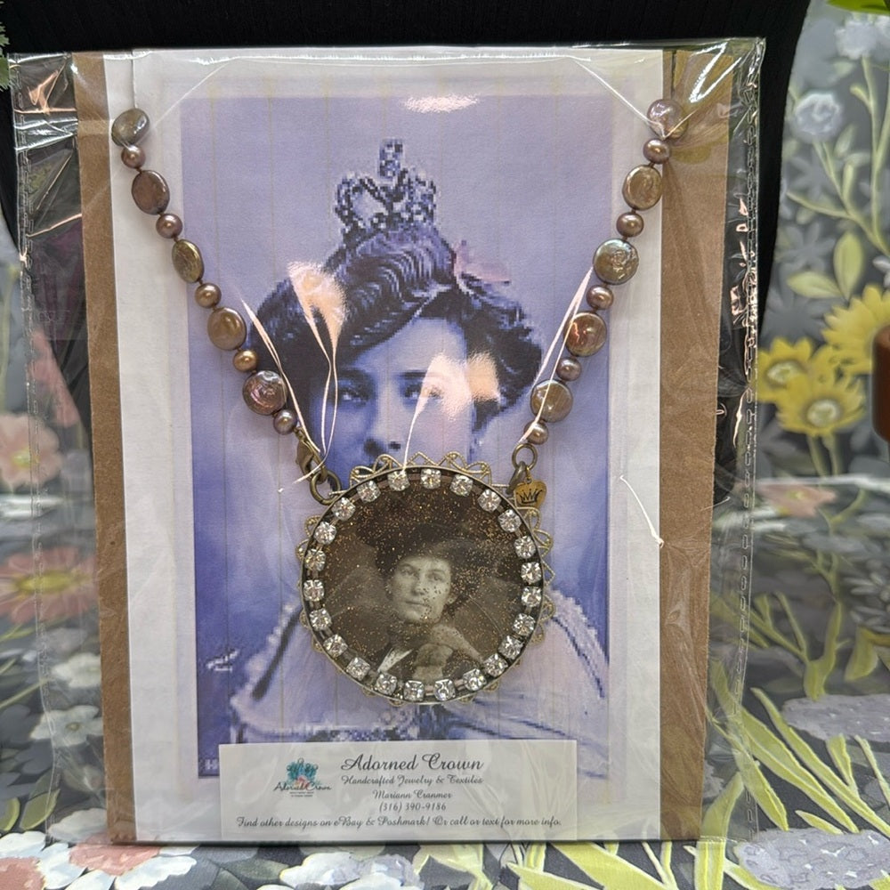 Adorned Crown Jewelry assemblage filigree vintage photo pendant pearl necklace