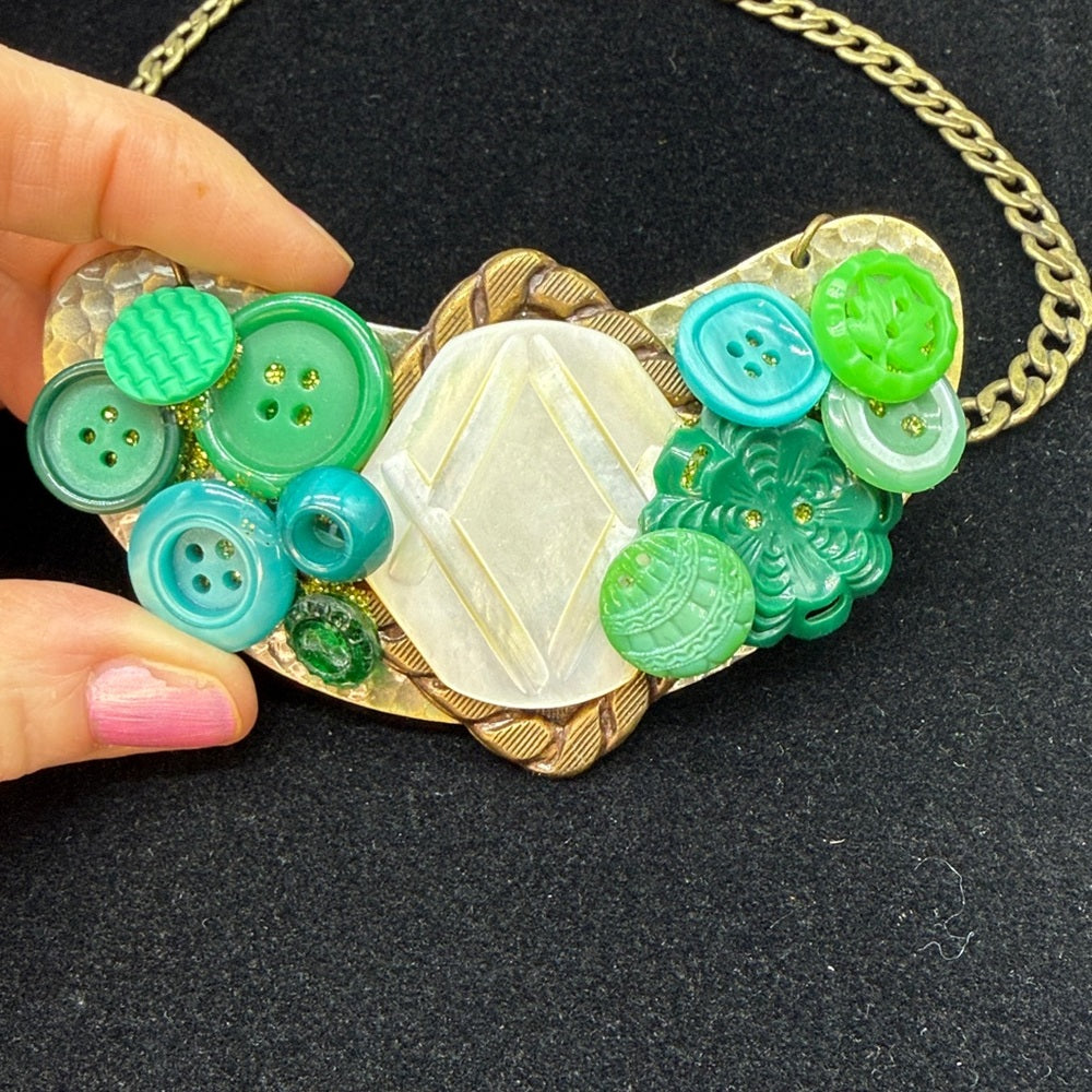 Adorned Crown Jewelry assemblage vintage button bib collage green necklace