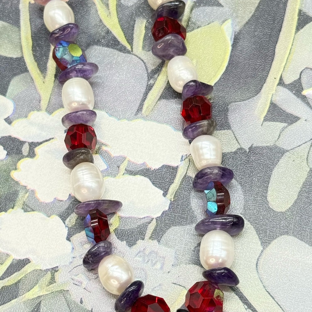Adorned Crown Jewelry assemblage amethyst pearl red crystal pendant necklace