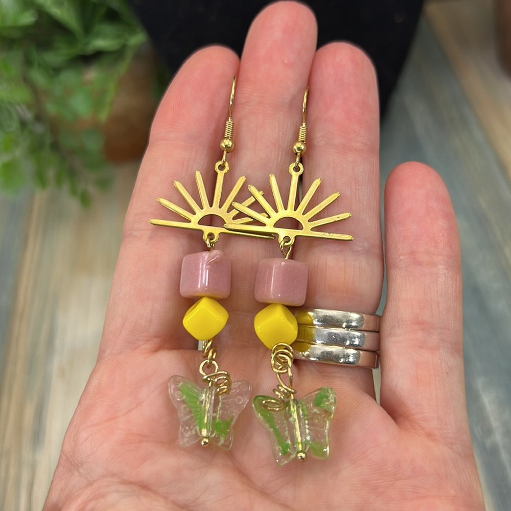 Adorned Crown Artisan Assemblage Czech glass butterfly sunrise earrings