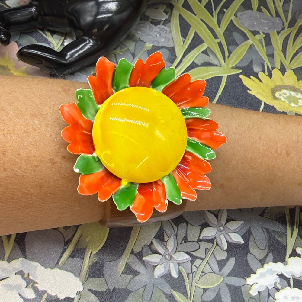 Adorned Crown Jewelry assemblage enamel flower wood bangle bracelet