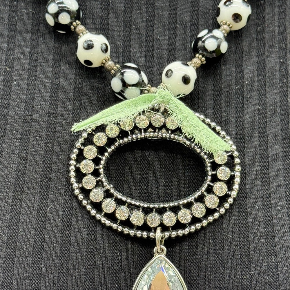Adorned Crown Jewelry assemblage bead rhinestone pendant green ribbon necklace