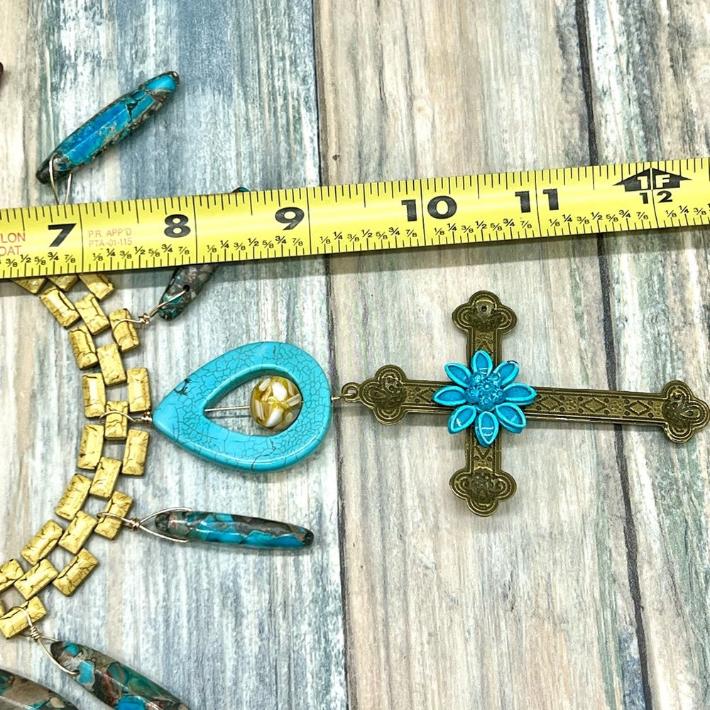 Adorned Crown Jewelry artisan assemblage enamel turquoise cross necklace
