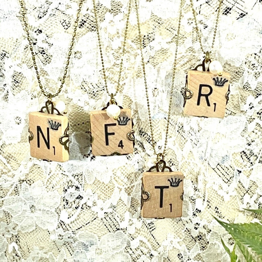 Adorned Crown scrabble tile initial Pearl necklace