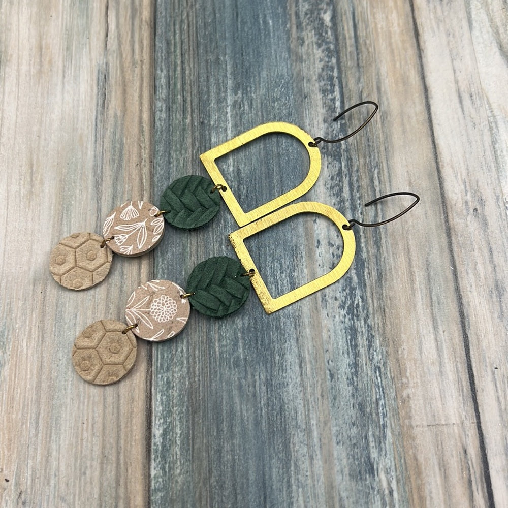 Adorned Crown Artisan Assemblage green leather brushed brass arch earrings