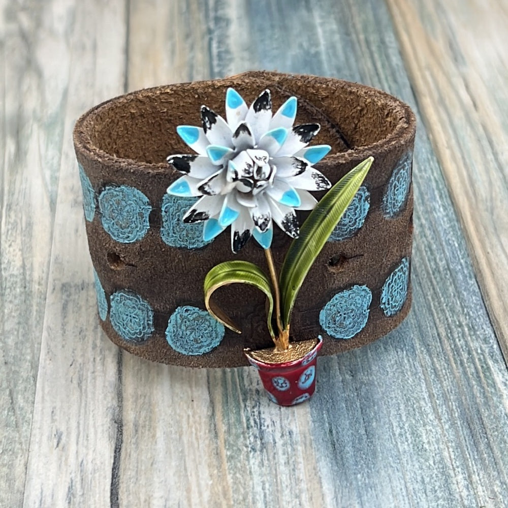 Adorned Crown enamel flower blue dot artisan assemblage leather bracelet