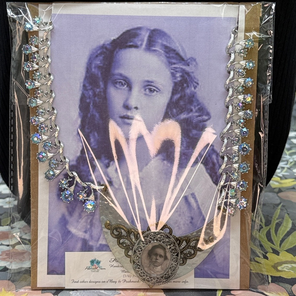 Adorned Crown Jewelry assemblage rhinestone filigree female image bib necklace