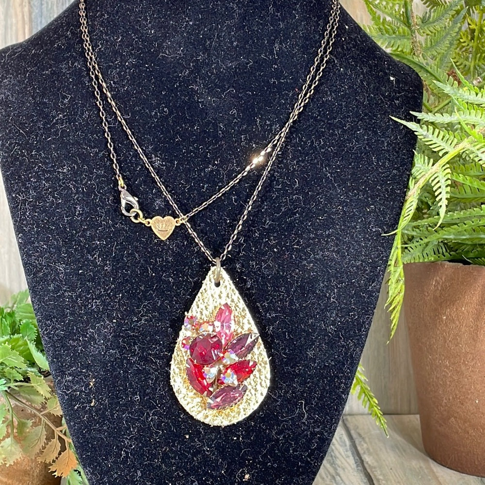 Adorned Crown Artisan assemblage leather drop rhinestone chain necklace