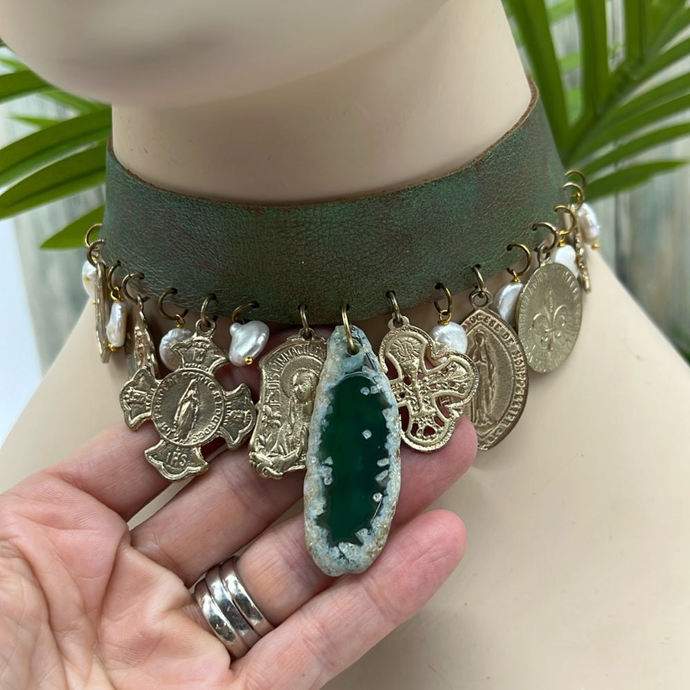 Adorned Crown Jewelry steampunk leather choker religious charm pearl necklace