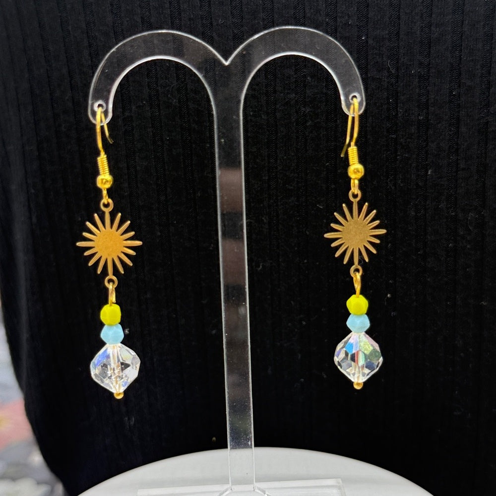 Adorned Crown Jewelry assemblage vintage Crystal sun burst blue green earrings