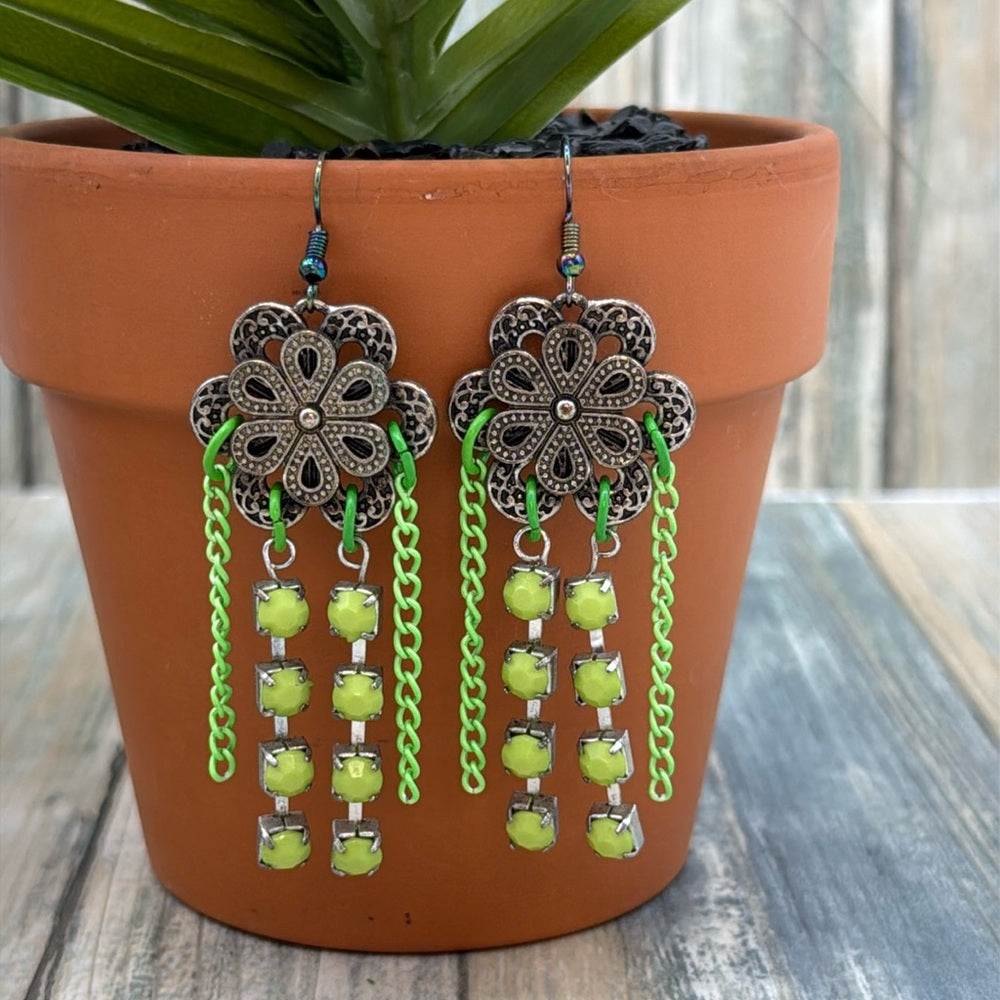 Adorned Crown Jewelry assemblage filigree flower Earrings green chain